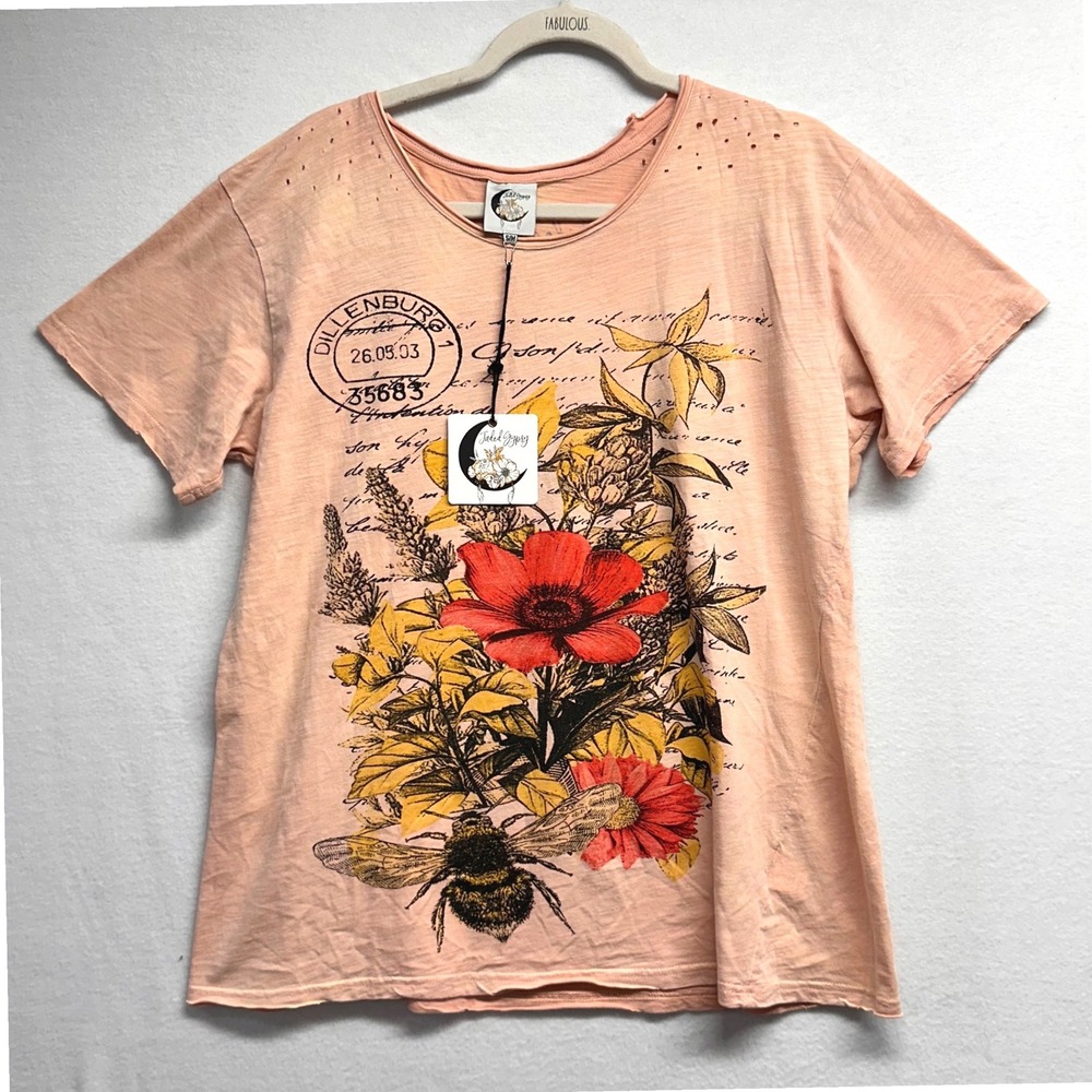 Jaded Gypsy Moon Dance Tee Women S/M Honey Blossom Floral Bee Distressed T-Shirt